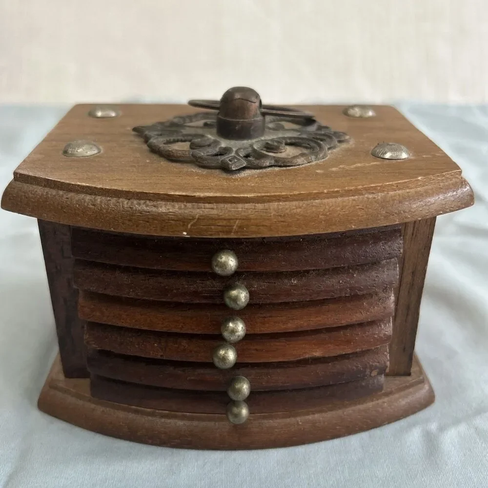 Vtg Wood & Cork Coaster Set of 8 Wood Caddy Carrier Brass Accents Boho Barware
